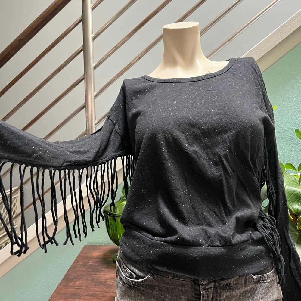 Y2K Black Fringe Long Sleeve Top
